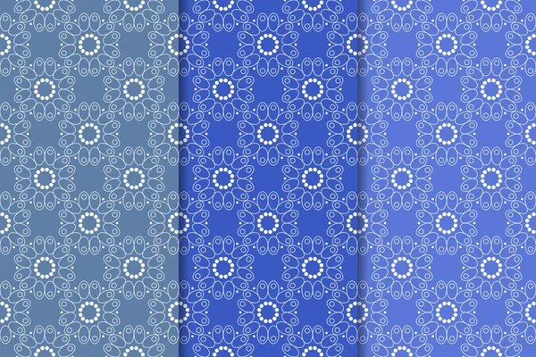 一套蓝色花卉装饰设计 墙纸和织物的垂直无缝图案 — 图库矢量图片