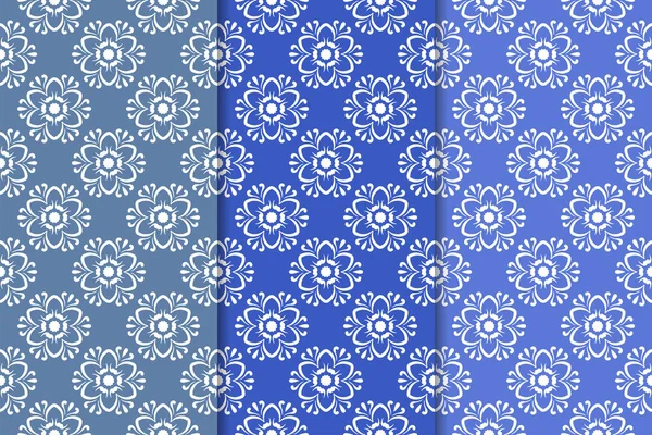 Set Bloemmotieven Blauwe Verticale Naadloze Patronen Wallpaper Achtergronden — Stockvector