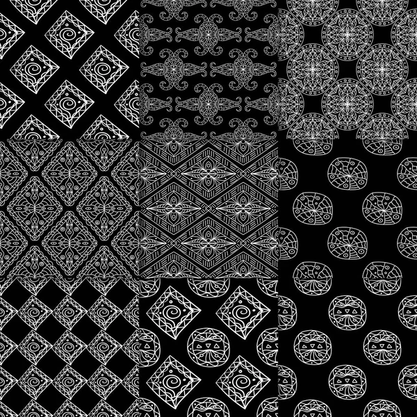 黒と白の幾何学的な装飾品 Web テキスタイルや壁紙のための古典的なシームレス パターンのコレクション — ストックベクタ