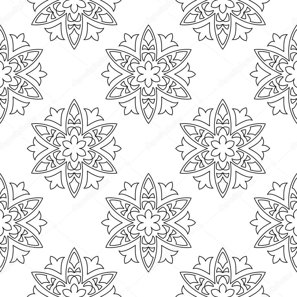 Black floral design on white background. Seamless pattern for textile and wallpapers
