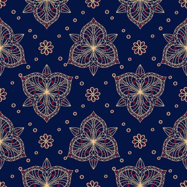 Çiçek sorunsuz ile mavi arka plan kırmızı ve bej desen. Arka plan duvar kağıtları, Tekstil ve kumaş için