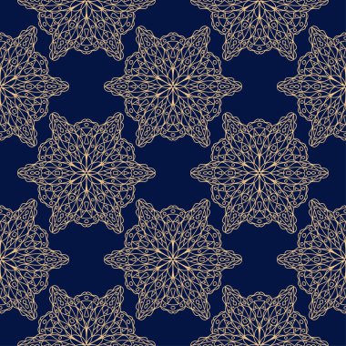 Koyu mavi zemin üzerine altın çiçek süsleme. Tekstil ve duvar kağıtları için seamless modeli