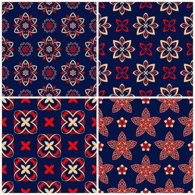 Sorunsuz arka planlar. Duvar kağıtları, Tekstil ve kumaş çiçek desenleri ile mavi klasik bej ve kırmızı belirler