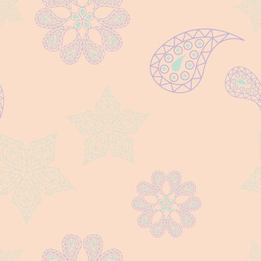 Çiçek seamless modeli. Bej renkli arka plan duvar kağıtları, Tekstil ve kumaş için mor ve mavi çiçek öğeleri ile