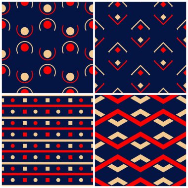 Sorunsuz arka planlar. Mavi klasik bej ve kırmızı duvar kağıtları, Tekstil ve kumaş için geometrik desenlerle ayarlar