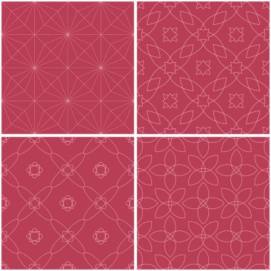 Geometrik desenler. Soluk kırmızı sorunsuz arka planlar kümesi. Vektör çizim