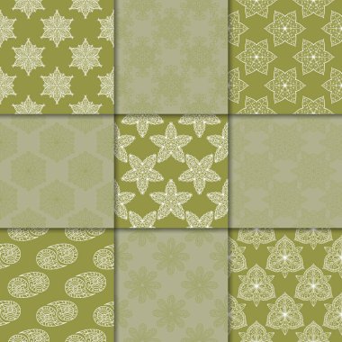 Zeytin Yeşil çiçekli süsler. Kağıt için dikişsiz desen koleksiyonu Tekstil