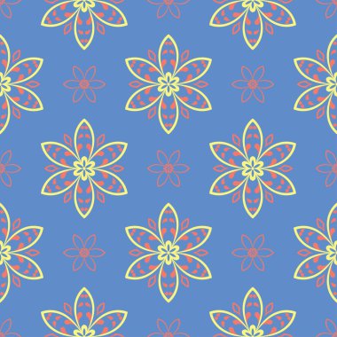 Çiçek seamless modeli. Duvar kağıtları, Tekstil ve kumaş için mavi arka plan üzerinde kırmızı ve sarı çiçek öğeleri