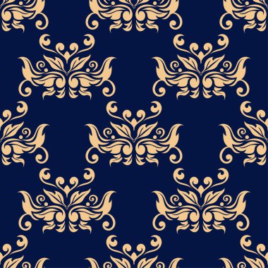 Koyu mavi zemin üzerine altın çiçek süsleme. Tekstil ve duvar kağıtları için seamless modeli