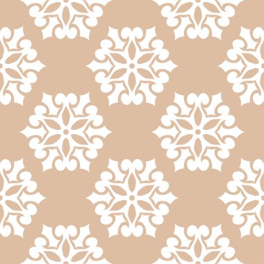 Bej renkli arka plan üzerinde beyaz çiçek süsleme. Tekstil ve duvar kağıtları için seamless modeli