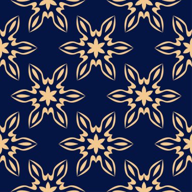 Koyu mavi zemin üzerine altın çiçek süsleme. Tekstil ve duvar kağıtları için seamless modeli