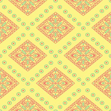 Geometrik sarı seamless modeli. Renkli arka plan duvar kağıtları, Tekstil ve kumaş için pembe ve yeşil tasarım ile