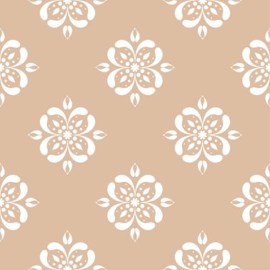 Bej renkli arka plan üzerinde beyaz çiçek süs tasarım. Tekstil ve duvar kağıtları için seamless modeli