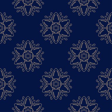 Altın mavi çiçek süsleme. Tekstil ve duvar kağıtları için seamless modeli