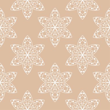 Bej renkli arka plan üzerinde beyaz çiçek süs tasarım. Tekstil ve duvar kağıtları için seamless modeli