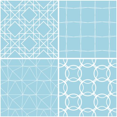 Geometrik desenler. Mavi ve beyaz sorunsuz arka planlar kümesi. Vektör çizim