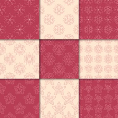 Kiraz kırmızı ve bej çiçekli süsler. Kağıt için dikişsiz desen koleksiyonu Tekstil