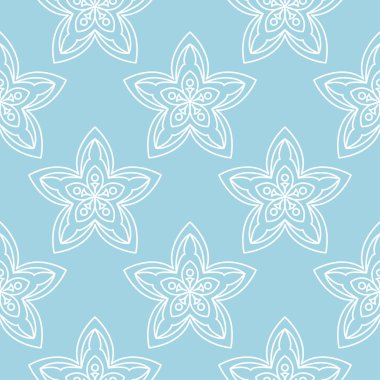 Mavi zemin üzerine beyaz çiçek süsleme. Tekstil ve duvar kağıtları için seamless modeli