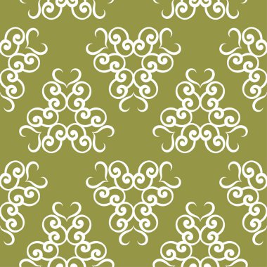 Zeytin yeşil zemin üzerine beyaz çiçekler. Tekstil ve duvar kağıtları için süs seamless modeli