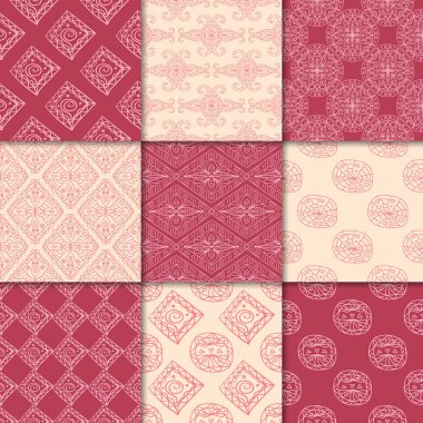 Kiraz kırmızı ve bej geometrik süsler. Web, Tekstil ve duvar kağıtları için dikişsiz desen koleksiyonu