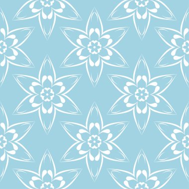 Mavi zemin üzerine beyaz çiçek süsleme. Tekstil ve duvar kağıtları için seamless modeli