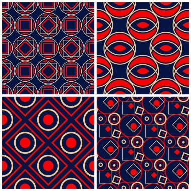 Sorunsuz arka planlar. Mavi klasik bej ve kırmızı duvar kağıtları, Tekstil ve kumaş için geometrik desenlerle ayarlar