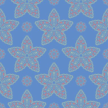 Çiçek seamless modeli. Duvar kağıtları, Tekstil ve kumaş için mavi arka plan üzerinde kırmızı ve sarı çiçek öğeleri