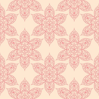 Bej renkli arka plan üzerinde kırmızı çiçekli süs. Tekstil ve duvar kağıtları için seamless modeli