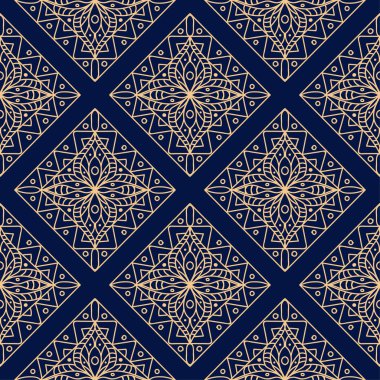 Altın mavi geometrik süsleme. Web, Tekstil ve duvar kağıtları için seamless modeli