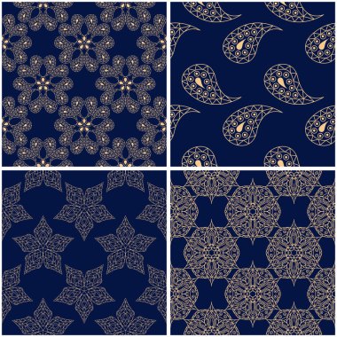 Çiçek desenleri. Altın mavi sorunsuz arka planlar kümesi. Vektör illustraton