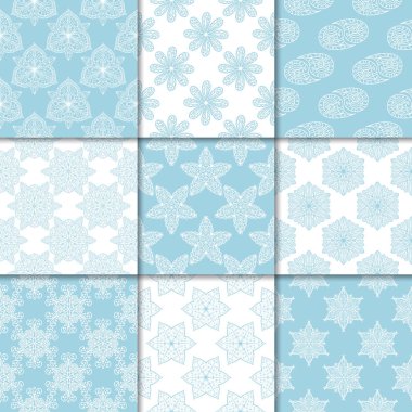 Mavi ve beyaz çiçekli süsler. Kağıt için dikişsiz desen koleksiyonu Tekstil
