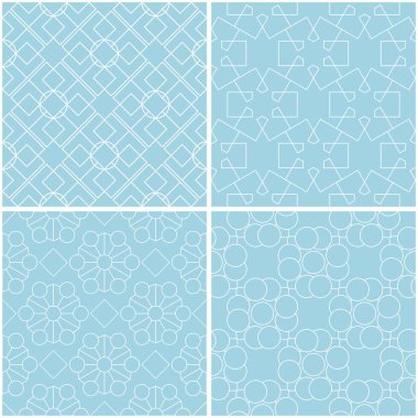 Geometrik desenler. Mavi ve beyaz sorunsuz arka planlar kümesi. Vektör çizim