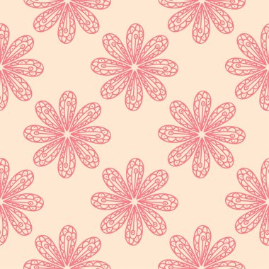 Bej renkli arka plan üzerinde kırmızı çiçekli süs. Tekstil ve duvar kağıtları için seamless modeli