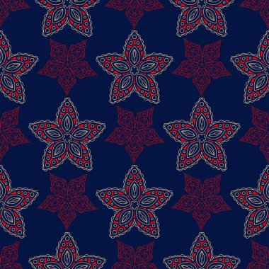 Kesintisiz mavi arka plan. Çiçek bej ve kırmızı desenli duvar kağıtları ve tekstil