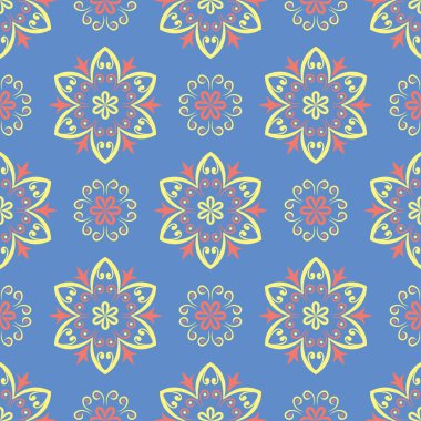 Çiçek seamless modeli. Duvar kağıtları, Tekstil ve kumaş için mavi arka plan üzerinde kırmızı ve sarı çiçek öğeleri