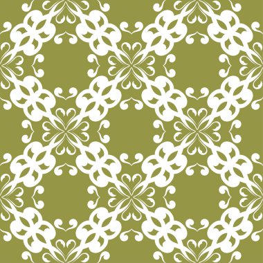 Zeytin yeşil zemin üzerine beyaz çiçek süsleme. Tekstil ve duvar kağıtları için seamless modeli