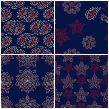 Sorunsuz arka planlar. Duvar kağıtları, Tekstil ve kumaş çiçek desenleri ile mavi klasik bej ve kırmızı belirler