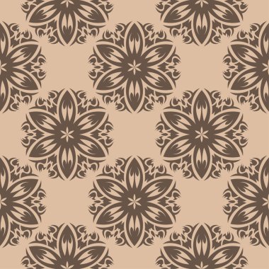 Bej renkli arka plan üzerinde kahverengi çiçek süsleme. Tekstil ve duvar kağıtları için seamless modeli