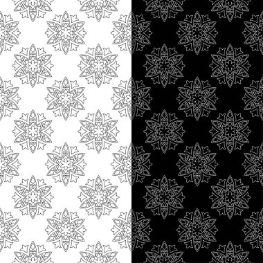 Siyah ve beyaz çiçek arka planlar. Tekstil ve duvar kağıtları için sorunsuz tasarım kümesi