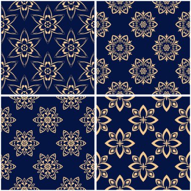 Çiçek desenleri. Altın mavi sorunsuz arka planlar kümesi. Vektör illustraton