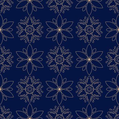 Koyu mavi zemin üzerine altın çiçek öğe. Tekstil ve duvar kağıtları için seamless modeli