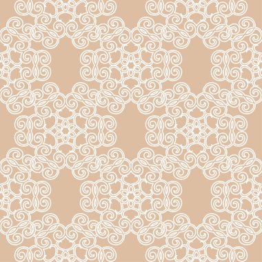 Bej renkli arka plan üzerinde beyaz çiçek süsleme. Tekstil ve duvar kağıtları için seamless modeli