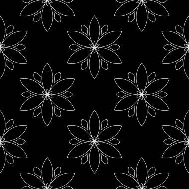Siyah arka plan üzerine beyaz çiçek süsleme. Tekstil ve duvar kağıtları için seamless modeli