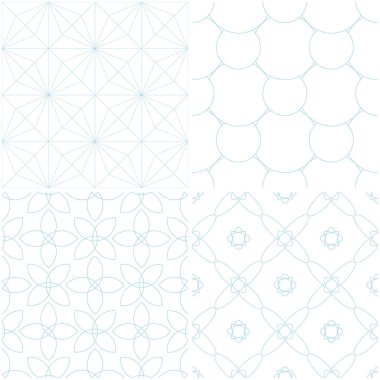 Geometrik desenler. Beyaz mavi öğeleri kümesi. Sorunsuz arka planlar. Vektör çizim
