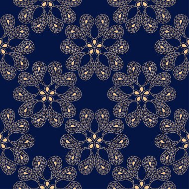 Koyu mavi zemin üzerine altın çiçek süsleme. Tekstil ve duvar kağıtları için seamless modeli