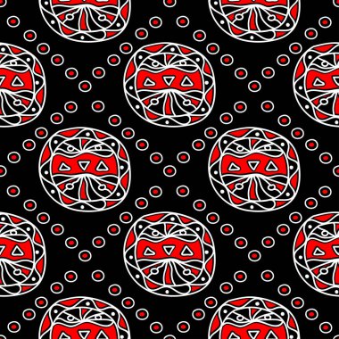 Geometrik seamless modeli. Duvar kağıtları, Tekstil ve kumaş için siyah arka plan üzerinde öğeleri kırmızı ve beyaz