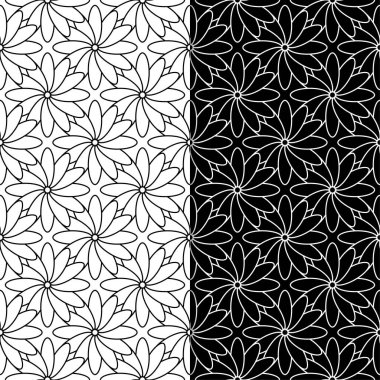 Siyah ve beyaz çiçek arka planlar. Tekstil ve duvar kağıtları için dikişsiz desen seti