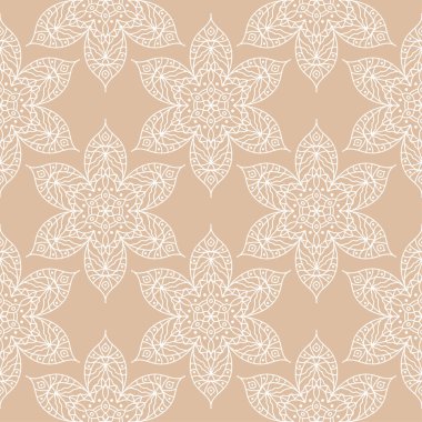 Bej renkli arka plan üzerinde beyaz çiçek süsleme. Tekstil ve duvar kağıtları için seamless modeli