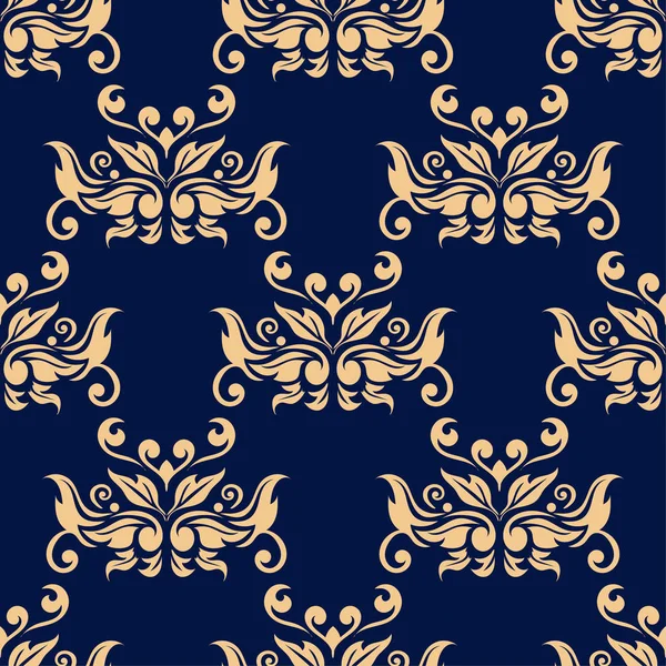 Golden Floral Ornament Dark Blue Background Seamless Pattern Textile Wallpapers — Stock Vector