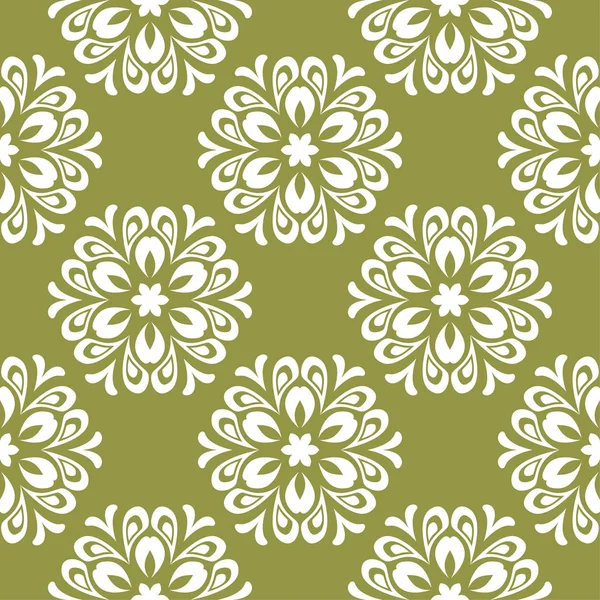 White Floral Ornament Olive Green Background Seamless Pattern Textile Wallpapers — Stock Vector